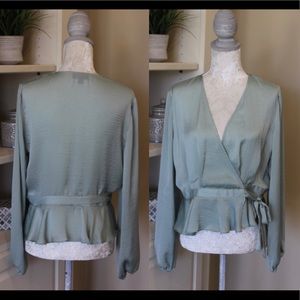 Topshop Mint Green Front Tie Long Sleeve Top